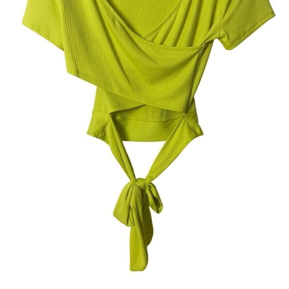 Lime Green LUSH Womens Wrap Tie Top Ribbed Short Sleeve M - Picture 3 of 6